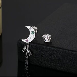 Silver Moon and Star Earrings with Colorful Accents